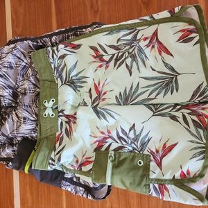 Green and Red Tropical Swim Trunks with Botanical Print